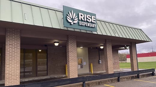 Exterior of RISE Meadville PA medical marijuana dispensary in Pennsylvania.